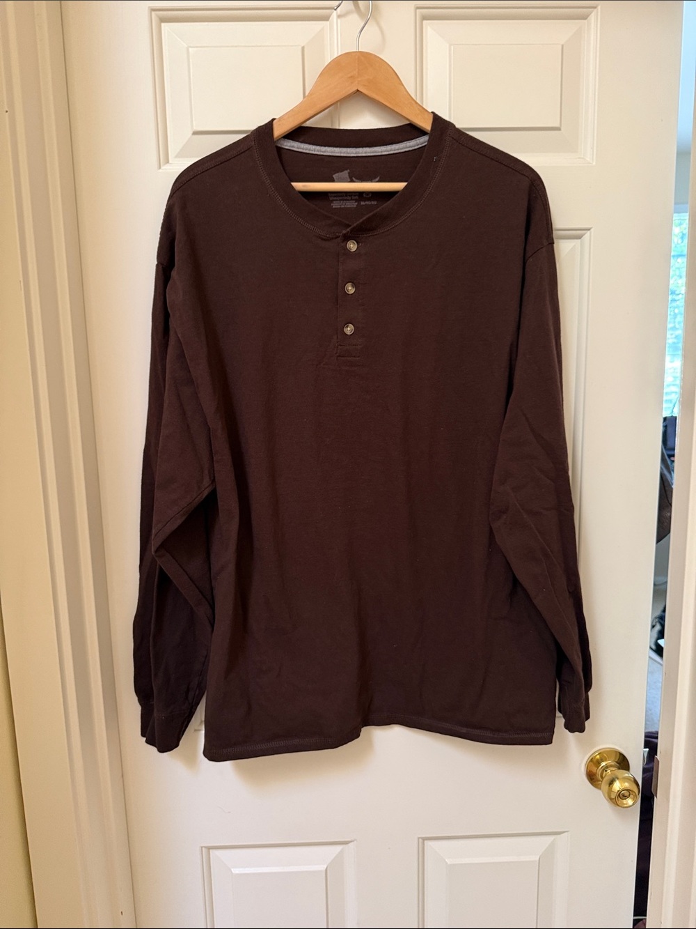 Haneys Men’s Beefy 100% cotton Brown Long-Sleeve Henley Shirt - XL